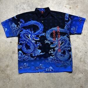 Vintage Y2K Taiga Asia Dragon Blue Flames Short Sleeve Button Up Shirt Size XL
